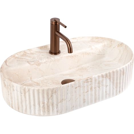 REA – Vasque à poser ovale 600x370mm – Céramique sanitaire beige – Finition mate – Trou de robinet – Pour salle de bain moderne