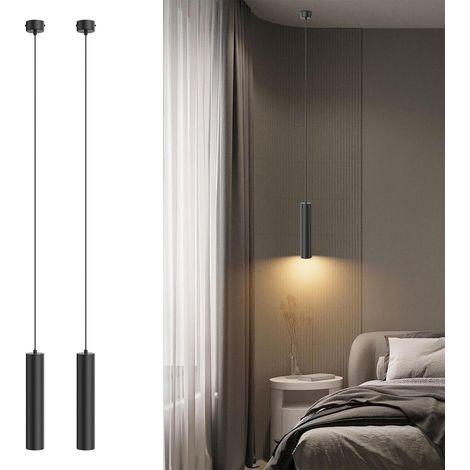 2 Pcs Suspension Luminaire Cylindre GU10, Lampe Suspension LED Moderne avec Ampoule 5W 472 LM, pour Salon Chambre Cuisine Chevet, Blanc Chaud 3000K, 30cm, Noir (1/5)