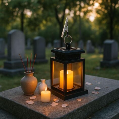 1 Lanterne funéraire solaire, plastique noir, LED clignotante, pour cimetière et tombe (1/5)