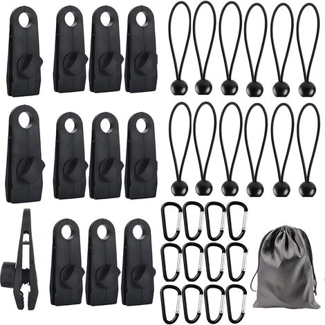 Lot de 37 clips pour bâche de tente, 12 tendeurs de bâche, 12 cordons élastiques en nylon, 12 mousquetons et 1 sac pour hamac, camping (1/5)