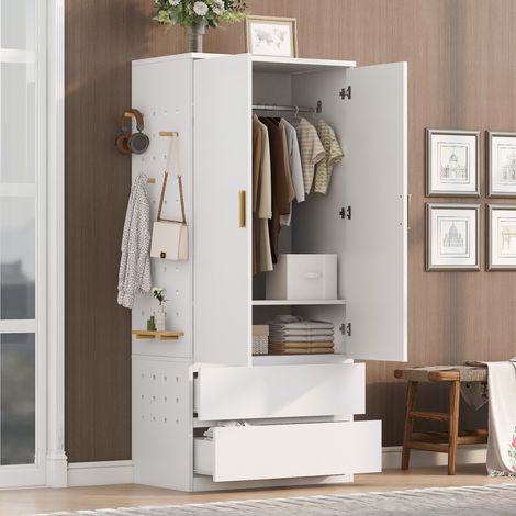 Armoire 70x50x170 cm, penderie 2 portes, design compact avec panneau perforé latéral et 2 tiroirs, rangement caché, pour chambre et dressing, blanc (1/5)