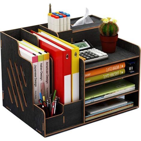 Schwarzer Schreibtisch-Organizer aus Holz, großes Fassungsvermögen für Akten, Dokumente und Büromaterial (1/5)