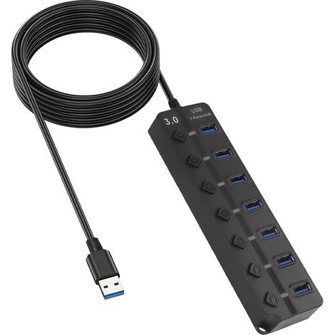 Hub USB 3.0 2.0 avec Interrupteurs Individuels, 7 Ports avec Interrupteur Interrupteurs, Multi USB, Câble Extension 1.5m, Multiport PC pour Clavier/Souris/Disque Dur (1/5)
