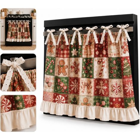 Rideau de Four Motif Noel en Coton et Lin Ecru et Rouge 54 x 76 cm Decoration de Noel pour Cuisine et Interieur (1/5)