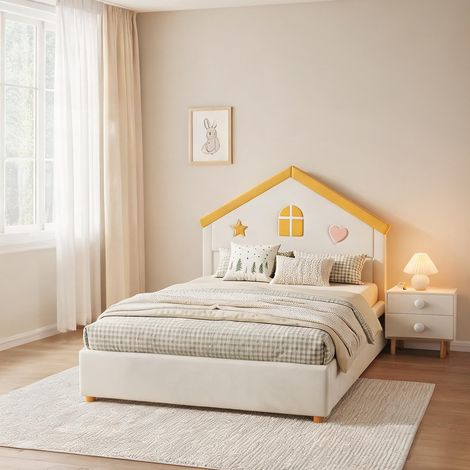 Cadre de lit beige en velours 207,5 x 147 x 126,5 cm (1/5)