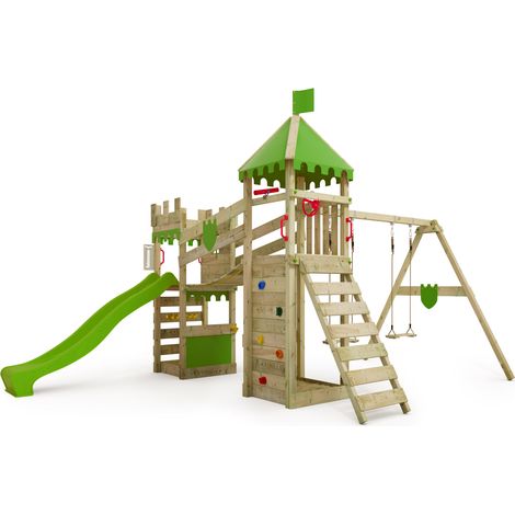 FATMOOSE Spielturm Ritterburg RiverRun mit Schaukel & Rutsche, Spielhaus mit Sandkasten, Leiter & Spiel-Zubehör - apfelgrün (1/5)