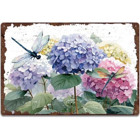 Plaque Metal Vintage Fleur Hortensia Libellule En Signe Plaque Metal Decorative Rétro Aquarelle Décor Mural Vintage Jardin Salon Décoration Domicile (1/5)