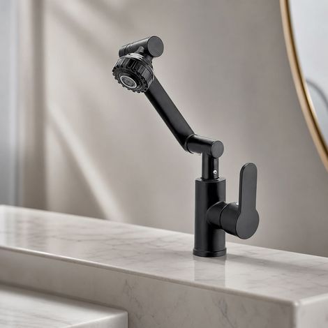 Robinet mitigeur lavabo orientable 1080° avec douchette, rotation 360°, eau chaude et froide, finition noire, pour salle de bain (1/5)
