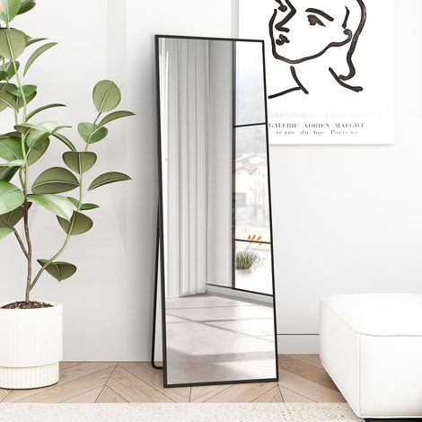 Grand miroir mural HD sur toute la longueur, cadre en métal noir, 150 x 50 cm, avec crochets, pour salon, chambre à coucher et dressing (1/5)