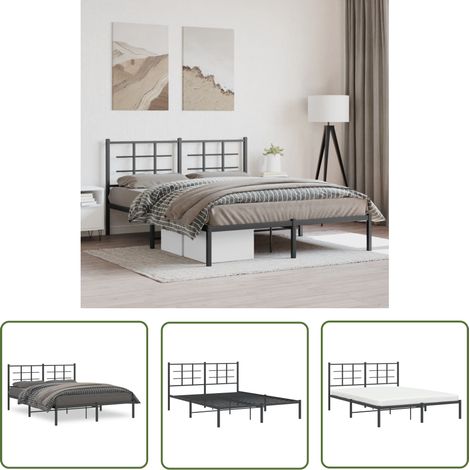 The Living Store Cadre de lit métal sans matelas avec tête de lit noir 150x200cm - Cadre De Lit - Lit Double - Lit Metal - Lit Avec Têtedé Lit - Meuble Chambre