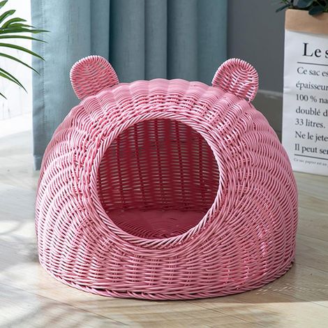 Panier pour chat rose lavable en rotin tressé, respirant, avec tapis rafraîchissant, petite taille (1/5)