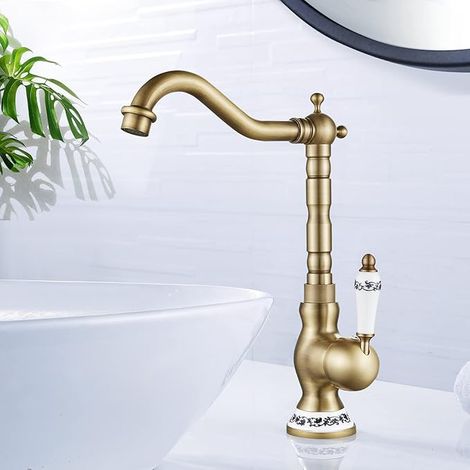 Robinet de Lavabo Rétro, Robinet Salle Bain en Laiton Bronzé, Haut Mitigeur Lavabo bec Pivotant à 360°, Eau Chaude et Froide Disponible, G3/8 (1/5)
