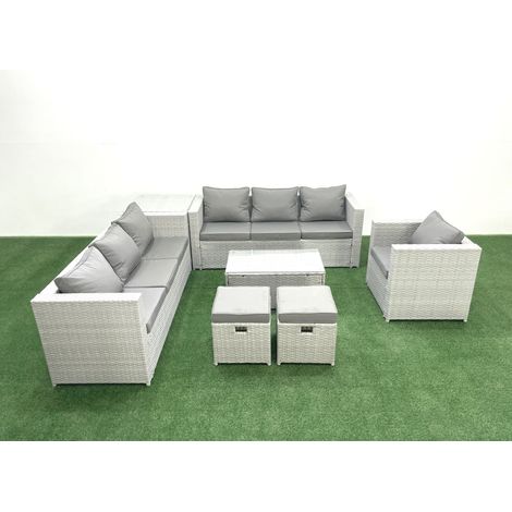 Fimous Meubles d'extérieur en rotin avec Fauteuil Table basse oblongue 2 Petits tabourets Table d'appoint Gris clair mixte (1/5)
