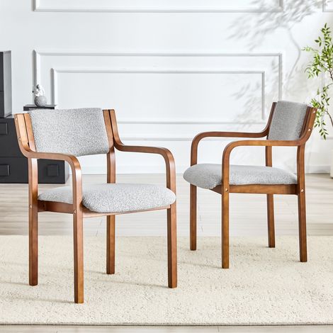 Chaise de salle à manger lot de 2, Fauteuil de salon scandinave avec accoudoirs, Bois courbé et tissu bouclette design rétro, Gris et Noyer (1/5)