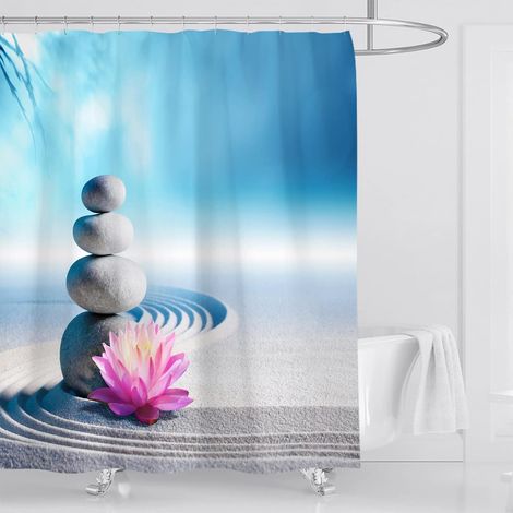 Rideau de Douche Anti Moisissure Galet Zen Imprimé Rideau Douche Tissu Imperméable Polyester 200x200 cm 3D Orchidee Bambou Rideaux de Douche Baignoire Lavable Machine Bleu Gris (1/5)