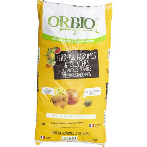 Terreau agrumes 40L – Composition: tourbe blonde, écorces compostées, fibre de bois, algues marines – Utilisable en agriculture biologique – Orbio