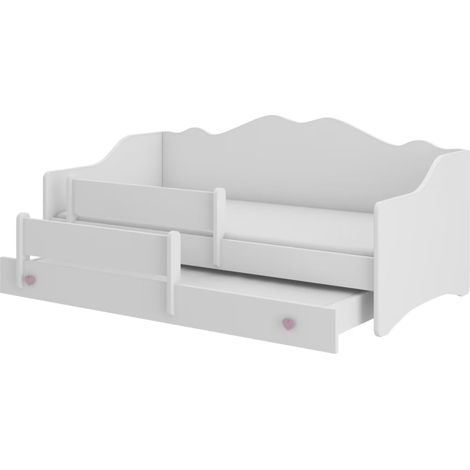 Lit gigogne enfant bois blanc 80x160 petit coeur rose Vekly (1/5)