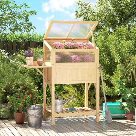 Lit surélevé armature froide en bois Bac à jardinières serre pliable Table chevet Compartiment rangement en bois - Couleur: Naturel