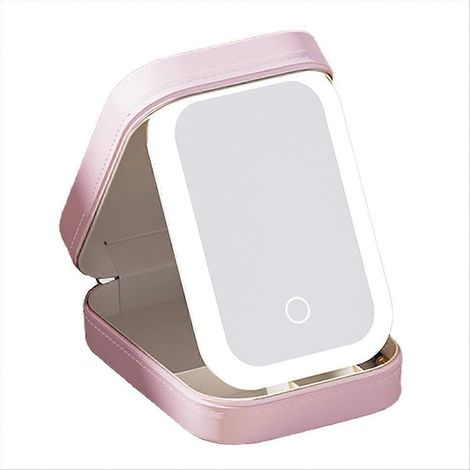 Miroir de maquillage LED rose à trois couleurs réglables, luminaire cosmétique portable avec éclairage ajustable, miroir de beauté double face, compact pour salle de bain et sac à main (1/5)