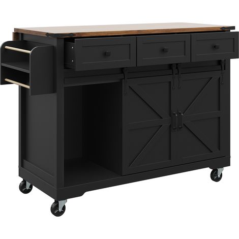 Îlot de cuisine sur roulettes avec plan de travail extensible, 3 tiroirs et 2 portes coulissantes, meuble de rangement noir (1/5)