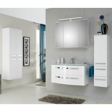 Badmöbel Komplettset FES-4005-66 in Hochglanz Polarweiß lackiert mit großem Hochschrank - B/H/T: 212/200/49,1cm (1/5)