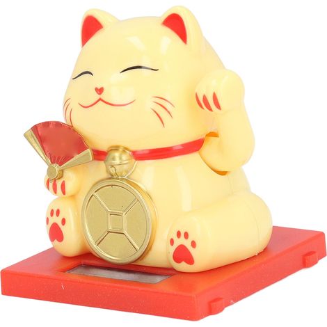 2 pouces Chat porte-bonheur solaire avec boîte transparente, chat chanceux à énergie solaire patte mobile, coffret déco maison bureau tableau de bord jaune (1/5)
