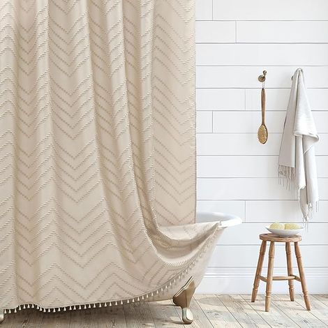 Rideau de douche long en tissu tissé de style rustique et bohème, beige, 182 x 196 cm, motif chevrons touffetés, minimaliste pour salle de bain avec