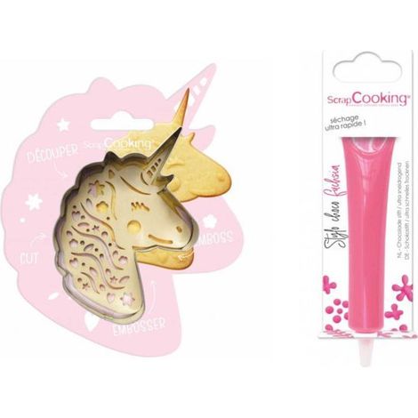 Kit pour biscuit en relief Licorne + Stylo au chocolat fuchsia