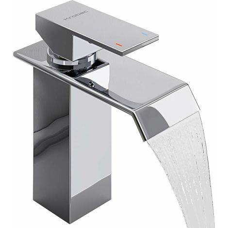Robinet de lavabo monocommande à effet cascade, eau chaude et froide, style moderne, grande hauteur (1/5)