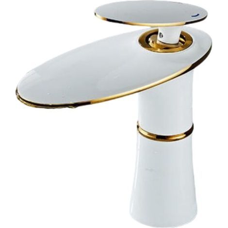 Wasserkaskaden-Hahn fürs Badezimmer, Einhebelmischer aus Messing, kompaktes Design in Weiß und Gold für Waschbecken – starker Durchfluss und elegantes Aussehen (1/4)