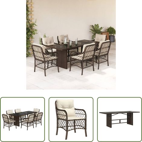 vidaXL Gartenstuhl - 7-tlg. Garten-Essgruppe mit Kissen Braun Poly Rattan (1/5)