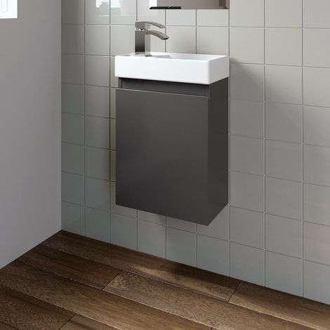 Gloss Grey Wall Mounted 400mm Slimline Vanity Unit Basin Sink Cloakroom Bathroom (1/5)