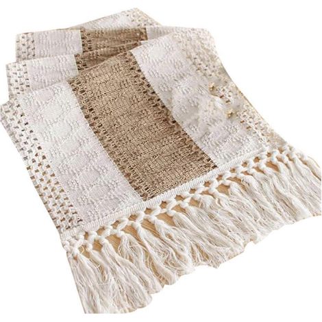 Nappe en coton et lin tressé avec pompons noués, décoration de table, nappe de fête ou de mariage (1/5)