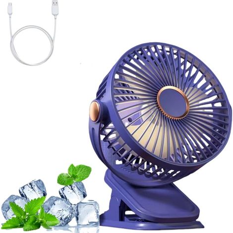 Ventilateur portable à pince pour camping, 5 vitesses réglables, avec port USB et veilleuse intégrée, couleur bleu, capacité 1200 mAh (1/5)