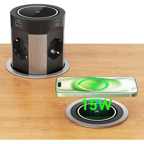Prise Encastrable USB C PD 75W avec 15W Chargeur sans Fil, Multiprise Encastrable Plan de Travail avec 4 Prises, 2 USB C, 2 USB A, Bloc Prise Escamotable pour Table Cuisines Bureaux, 1.8M Câble, Noir (1/5)