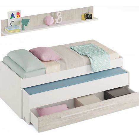 Cama y estante aglomerado blanco + base, somier, colchones 65x199x96cm