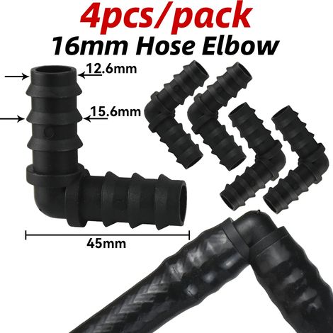 (4 coudes de 16 mm) 4 raccords cannelés en T et coude pour tuyau d'irrigation goutte à goutte en PE (16 mm, 20 mm et 25 mm) - Bouchon d'extrémité - Extension pour tuyau d'arrosage (1/2" et 3/4") (1/5)