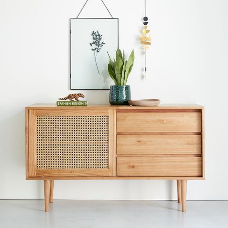 Buffet en mindi massif et cannage 135 cm