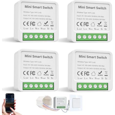 Interruptores de luz inteligentes, paquete de 4 interruptores WiFi, interruptor inteligente bidireccional compatible con Alexa Echo, Google Home, Smart Life y Tuya, se instala detrás de los interrupto