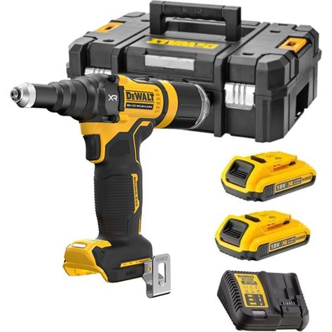 Dewalt – Riveteuse électroportative 18V DCF403D2 – Force 10 kN – Longueur de course 25 mm – Pour rivets 2,4-4,8 mm – 2 batteries 2,0 Ah + chargeur T-STAK