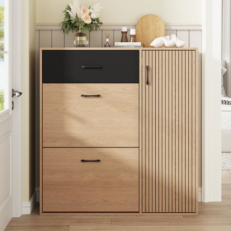Armoire à chaussures à 1 porte, avec 2 portes pivotantes vers le bas, 1 tiroir, armoire de rangement pour chaussures pour le couloir, l'entrée ou le salon, couleur bois naturel + noir, 100 × 35 × 106  (1/5)