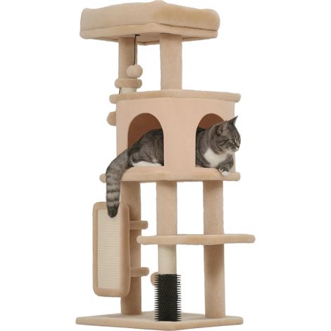 Arbre à chat multi-niveaux de 104 cm avec maisonnette, couchage, griffoir, brosse et balle, beige produit de qualité avec garantie satisfait ou remboursé