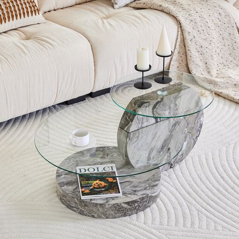Table basse minimaliste double étage verre de sécurité,support MDF texture marbre gris. Plusieurs coloris disponibles.
