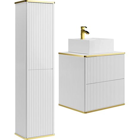 Mobile bagno sospeso con scanalature con lavabo da appoggio quadrato e colonna - Bianco - 60 cm - KELIZA (1/5)