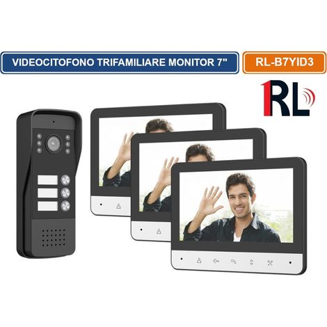 KIT VIDEOCITOFONO TRIFAMILIARE TRE PULSANTI TRE MONITOR A COLORI 7" APERTURA ELETTROSERRATURA (1/5)