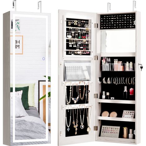 Armadietto per gioielli con strisce di luci LED al muro o alla porta, Armadio portagioielli con specchio Bianco (1/4)