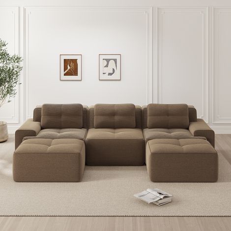 Canapé nuage modulaire en U, velours côtelé marron, 3 places avec pouf assorti, sans assemblage pour salon