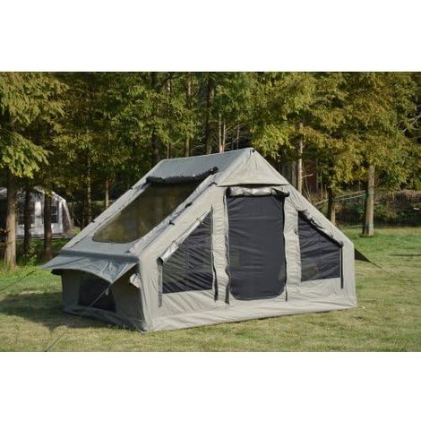 Tente gonflable familiale 4-6 places 4 saisons, imperméable PU3000 mm avec passage pour poêle, tissu 300D, pour camping jardin randonnée, pompe incluse, Vert armée