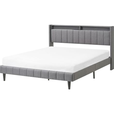 Letto king size UE in tessuto imbottito 160 x 200 cm con testiera contenitore con luci LED USB Grigio ScuroBeaulieu (1/5)