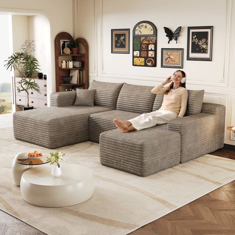 Canapé d'angle 241 cm motif nuage, canapé moderne et minimaliste, confortable, assise profonde avec angle, livré monté, couleur camel (1/4)